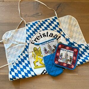 Bavarian apron, pot holders and mug.